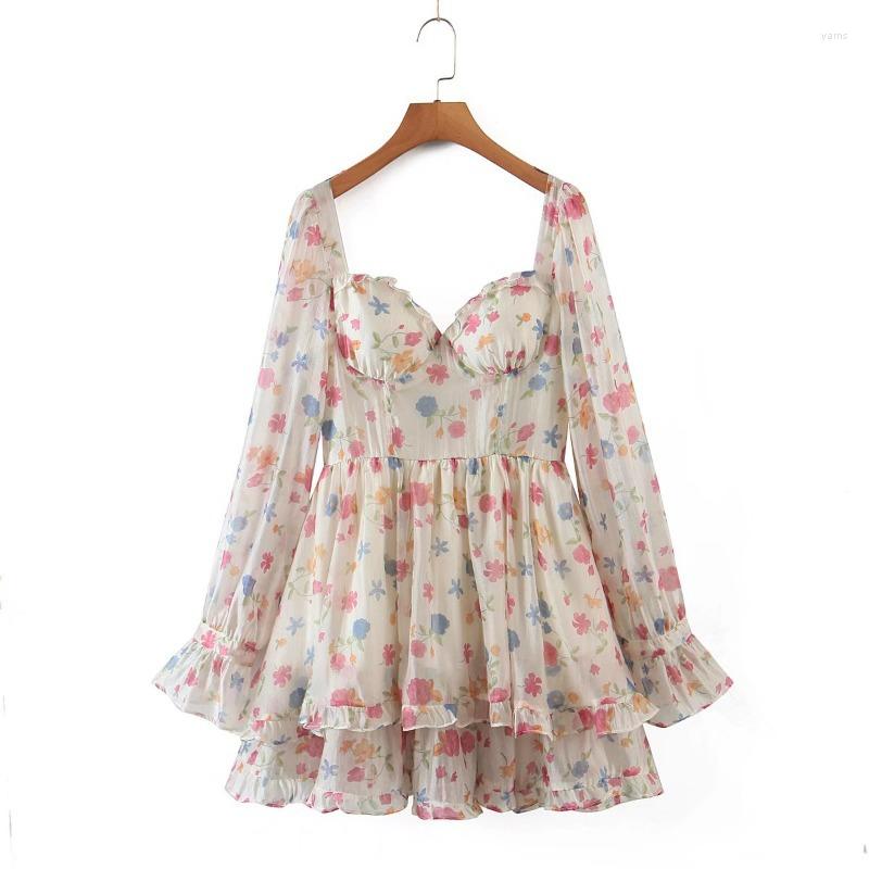 

Casual Dresses Sweet Elegant Ruffles Floral Printed For Women 2023 Summer Bohemian Long Sleeve Mini Chiffon Dress Vestido, Beige