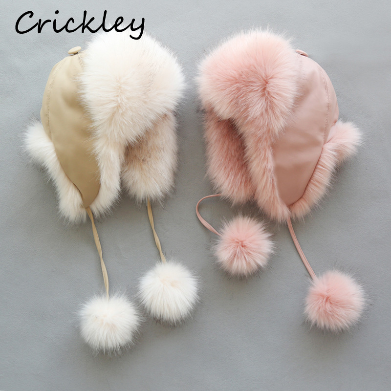 

Caps Hats 2-10 Years Fashion Winter Kids Hat Pu Leather Big Ball Fur Plush Windproof Ushanka Hat for Children Boys Girls Warm Skiing Hat 230204, Blue