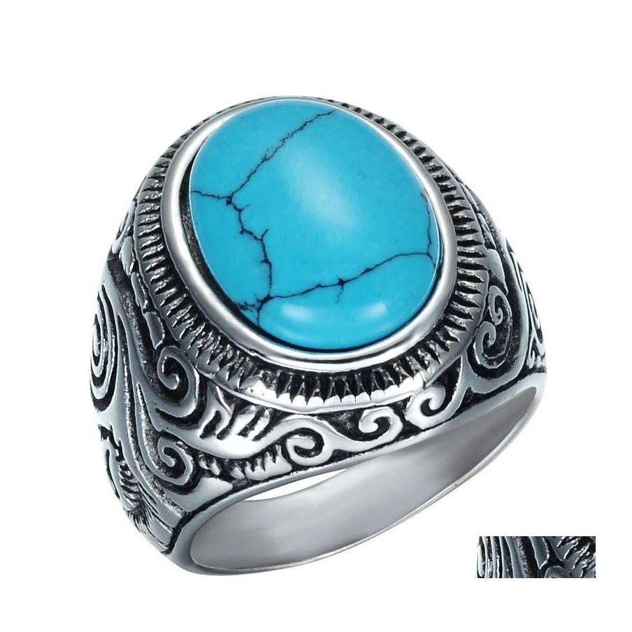 

Solitaire Ring Mens Turquoise Crack Stone Rings Vintage Retro Stainless Steel Natural Carved Finger For Boys Fashion Punk Jewelry Dr Ot2Zo