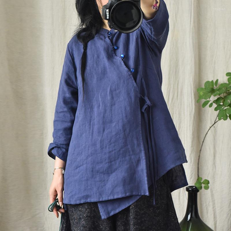 

Women's Blouses Johnature Women Chinese Style Linen Shirts Blet Tops Solid Color Stand Long Sleeve 2023 Autumn Button Female, Navy blue