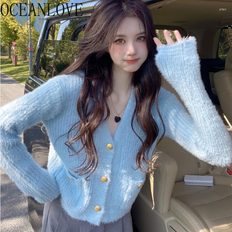 

Women's Knits OCEANLOVE Short Cardigans Solid Mink Cashmere Sweet Autumn Winter Women Sweaters Korean Fashion Elegant Chaqueta Mujer, Pink