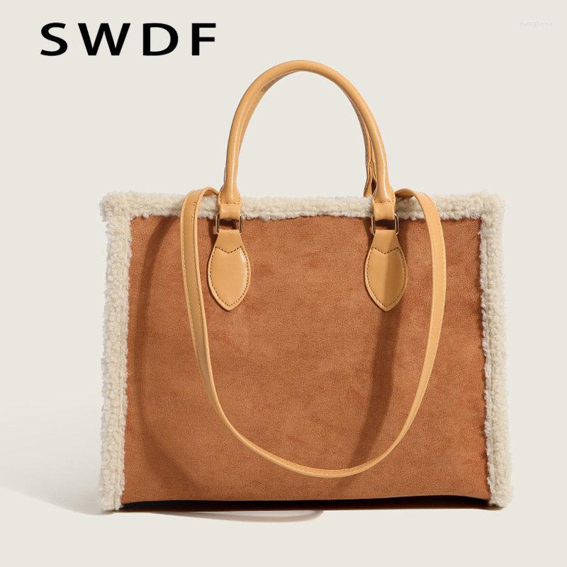 

Evening Bags SWDF Fashion Faux Suede Large Tote Bag Designer Lambswool Patchwork Women Handbag Retro Shopper Purse Shoulder Crossbody, Brown
