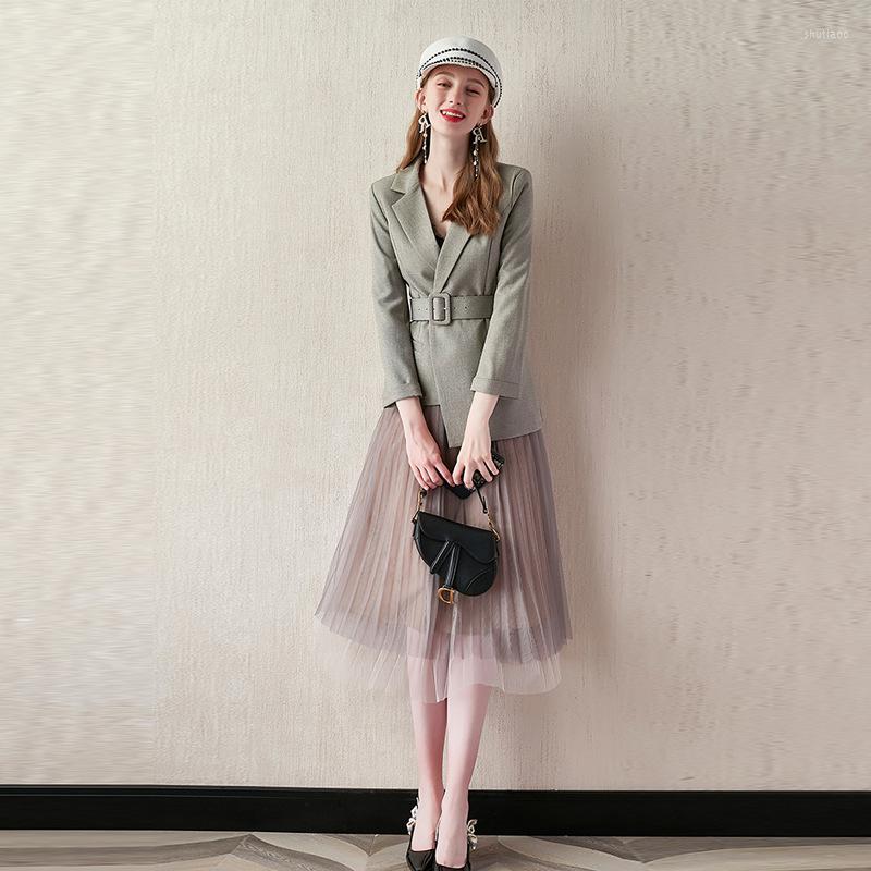 

Work Dresses Women' Suits Solid Color Irregular With Temperament Pleated Mesh Skirts Two-piece Elegant Suit Autumn Style