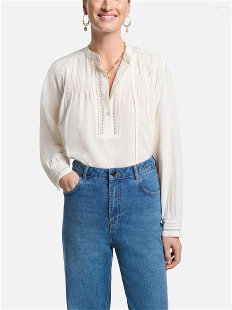 

Women' Blouses Women Long Sleeve Half Open Button Blouse 2023 Early Spring Female O-Neck Hollow Out Pleated Loose Shirt Temperament Tops, Blue
