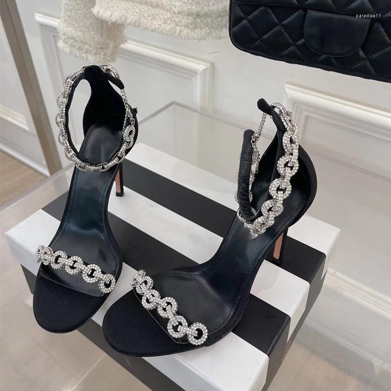

Dress Shoes Metal Chain High Heels Sandals For Ladies Designer Genuine Leather Women Wedding Gladiator, As pic 9cm