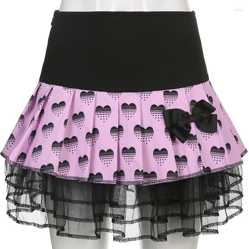 

Skirts Sexy Lace Heart Print Bow High Waist Pleated Skirt, Purple