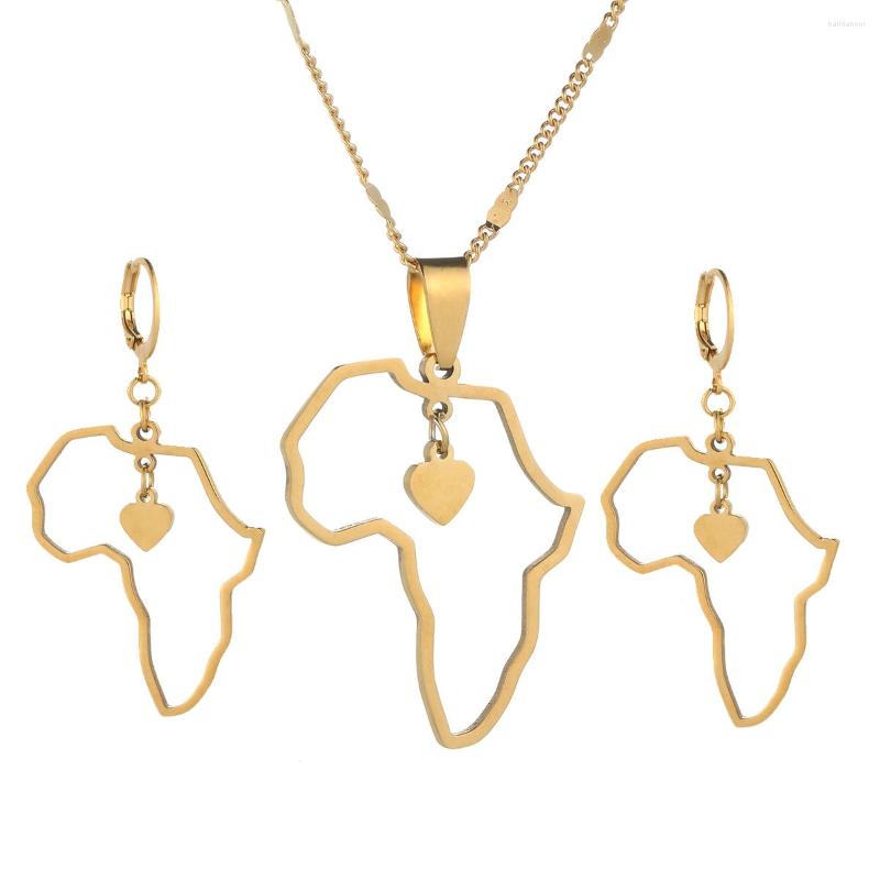 

Necklace Earrings Set Stainless Steel Africa Map Pendant For Women Trendy African Heart Dangle, Picture shown