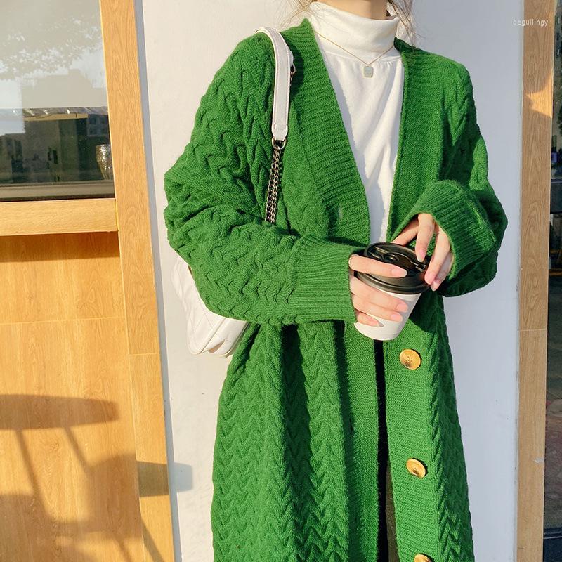 

Women's Knits Anbenser Cardigan Women Sweater Autumn Winter Korean Retro Twist Knitted Sweaters Medium Long Women's Loose V-Neck Coat, Green