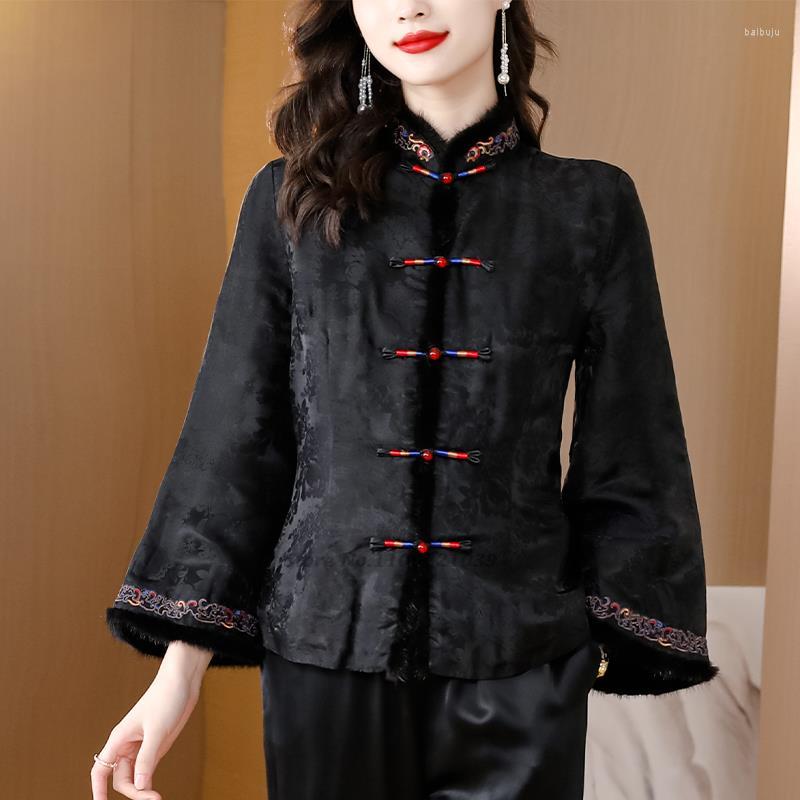 

Ethnic Clothing 2023 High-end Fur Collar Cotton Tang Suit Coat Womem China Vintage Traditional Jacket Flower Embroidery Thicken Chinese