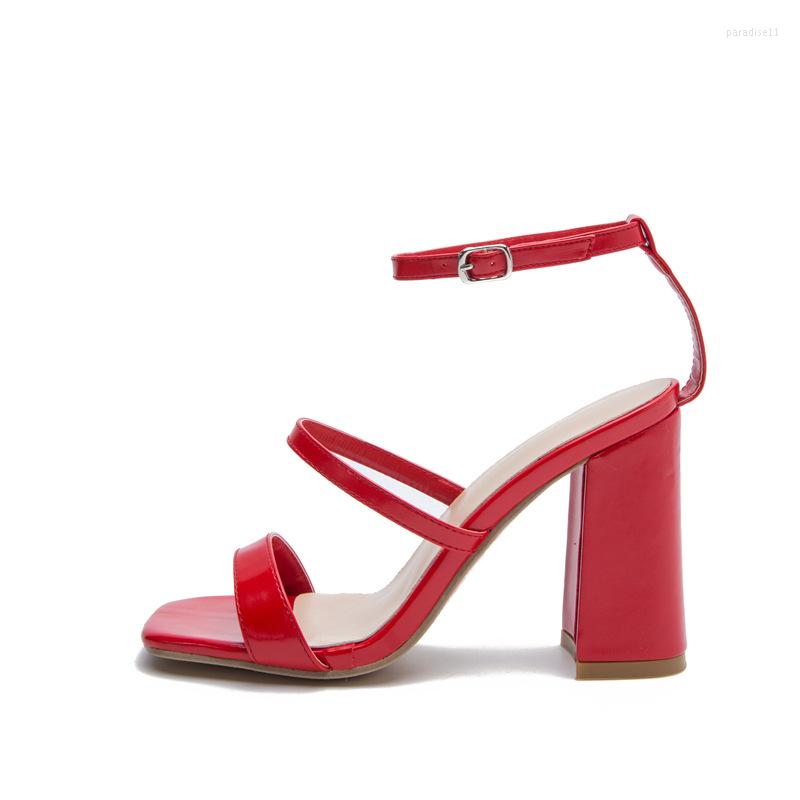 

Dress Shoes Ankle Buckle Strap Sandals Open Toe High Heel Red Narrow Band Summer Cover Runway Chunky Heels Large Size 41