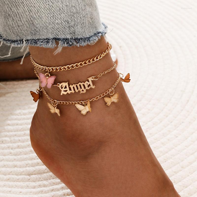 

Anklets 3 Pcs/Set Fashion Candy Color Butterfly Set Sweet Letter Angel For Women Foot Chain Jewelry Gifts