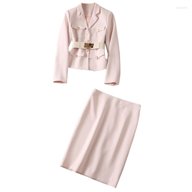 

Work Dresses Top Quality Blazer Sets 2023 Autumn Winter Business Suit Women Belted Coats Sweet Pink Pencil Skirt & Suits, Picture shown