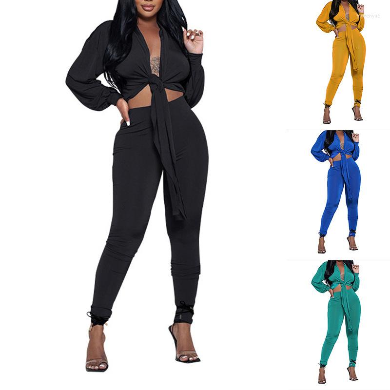 

Women's Tracksuits Fashion Commuting Suit Minority Temperament Lace-up Open-waist Long-sleeved Top Tight-fitting Pants Two-piece Set For, Blue
