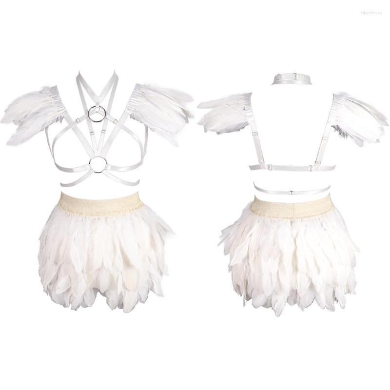 

Bras Sets Natural Feather Goth Women's Underwear Costume Dance Rave Sexy Lingerie Punk Harness Stocking Suspender Garter Belts Strappy, White