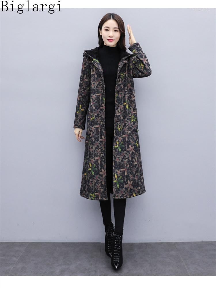 

Women's Trench Coats Oversized 2023 Winter Korea Vintage Print Cotton-padded Clothes Warm Velet Long Coat Hooded Ladies Thick Casual Hoodeds, Green coat