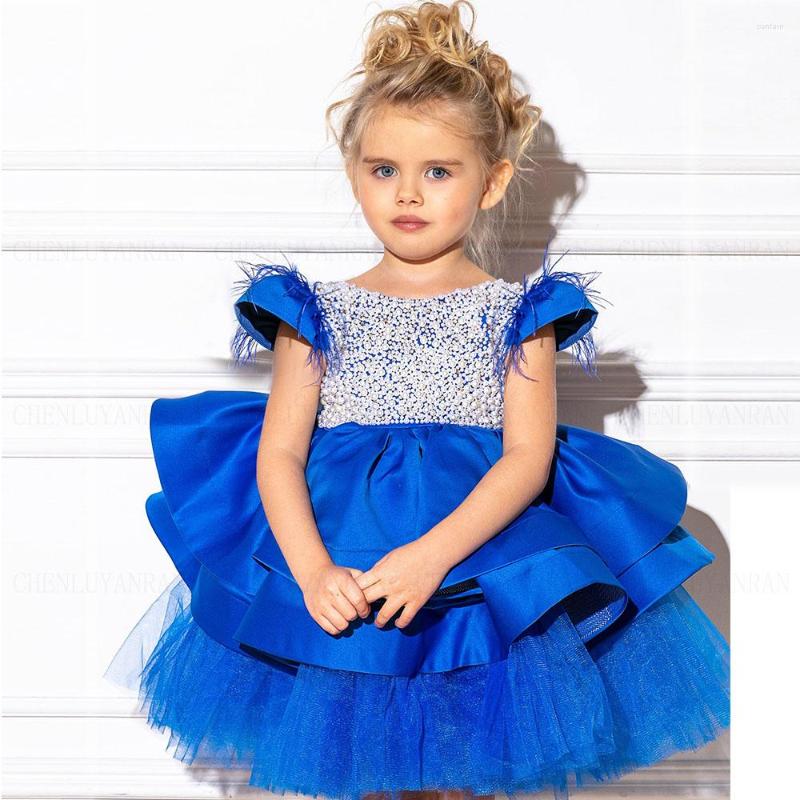 

Girl Dresses Royal Blue Flower Girls 2023 Luxury Beading Pearls Kids Wedding Party Dress A-Line Tiered Satin Princess Gowns, Black
