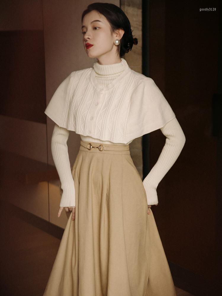 

Work Dresses Three Piece Set Women Fall/Winter White Shawl Cloak With Retro Turtleneck Sweater Khaki Skirt Ensemble Femme French Outfit, Photo color set