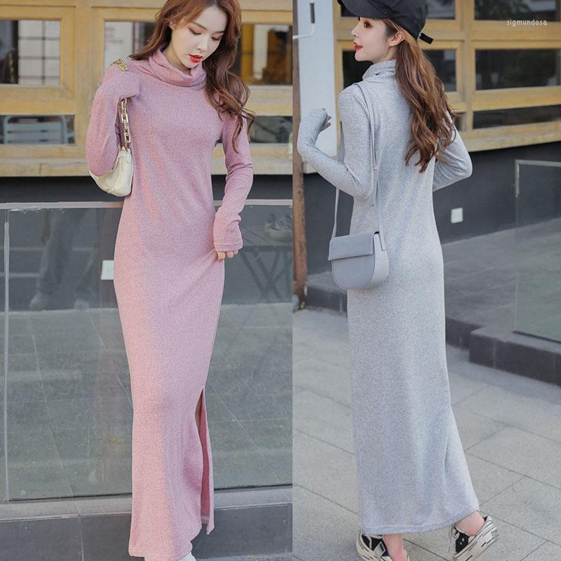 

Casual Dresses For Women 2023 Sexy TurtleneckSplit Fork Knitted Bodycon Womenautumn Winter Long Sleeve Midi Sweater Dress Clothes, Gray