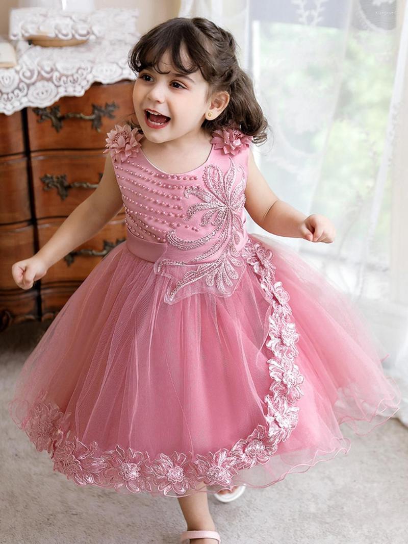 

Girl Dresses Mvozein Blush Flower Dress Lace Applique Ball Gown Birthday Party Sleeves Baby Communion With Pearls, Beige