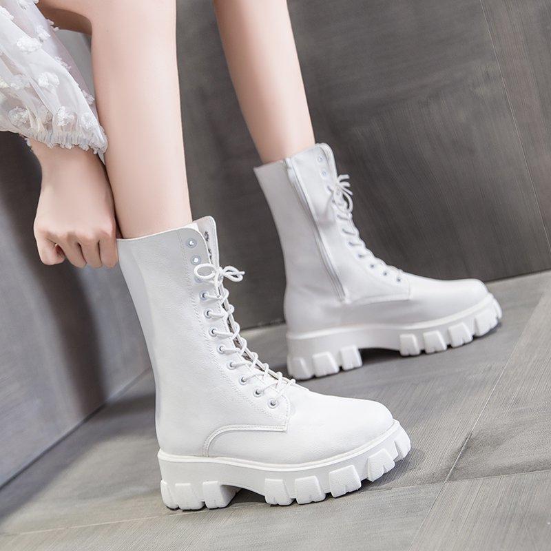 

Boots Winter 2023 Korean Version Of Thick Mid Tube Women's Autumn Bottom Showing Thin Lace Up Side Zipper Leisure, Black