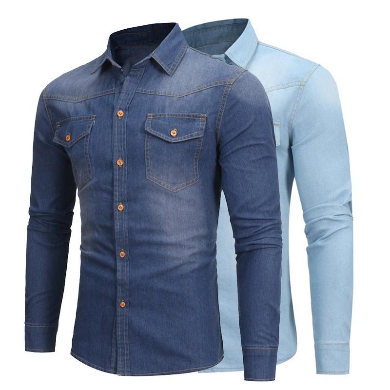 

Men' Casual Shirts 2023 Mens Shirt Long Sleeve Autumn Cotton Slim Men Clothing Denim Two-pocket Jeans Dress Tops Camisas Hombre, Light blue