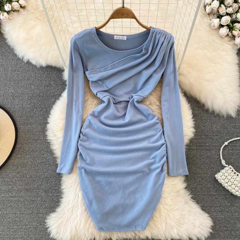 

Casual Dresses Long Sleeves Clothing Sweet Women Fashion Elegant A Line O Neck Autumn Winter Office Lady Party Female Chic Vestido Dress, Blue