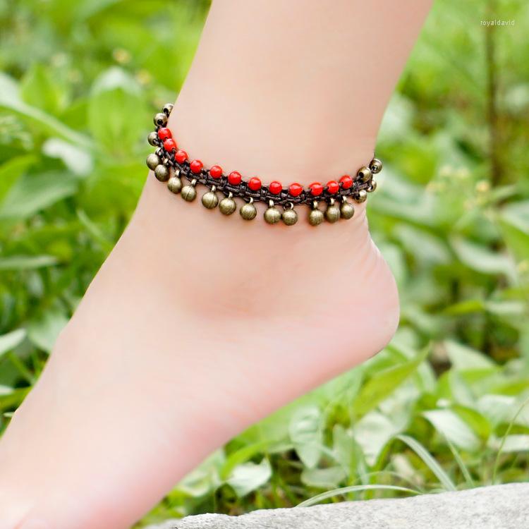 

Anklets 2colors Women Stone Ethnic Stones Beads Chains Handmade Braided Foot Fashion Brass Bell Vintage