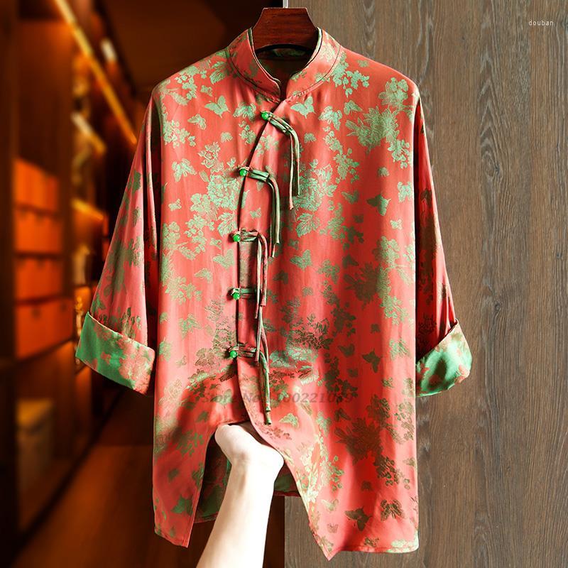 

Ethnic Clothing 2023 Chinese Traditional Qipao Blouse National Flower Print Satin Cheongsam Ladies Oriental Retro Tang Suit