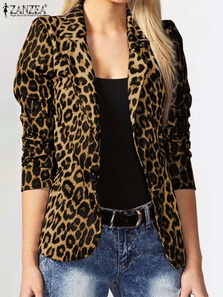 

Women's Suits Blazers ZANZEA Fashion Ladies Office Suits Women Blazer Spring Summer Female Leopard Printed Lapel Coat Oversized Button Outwear 1 230203, Beige