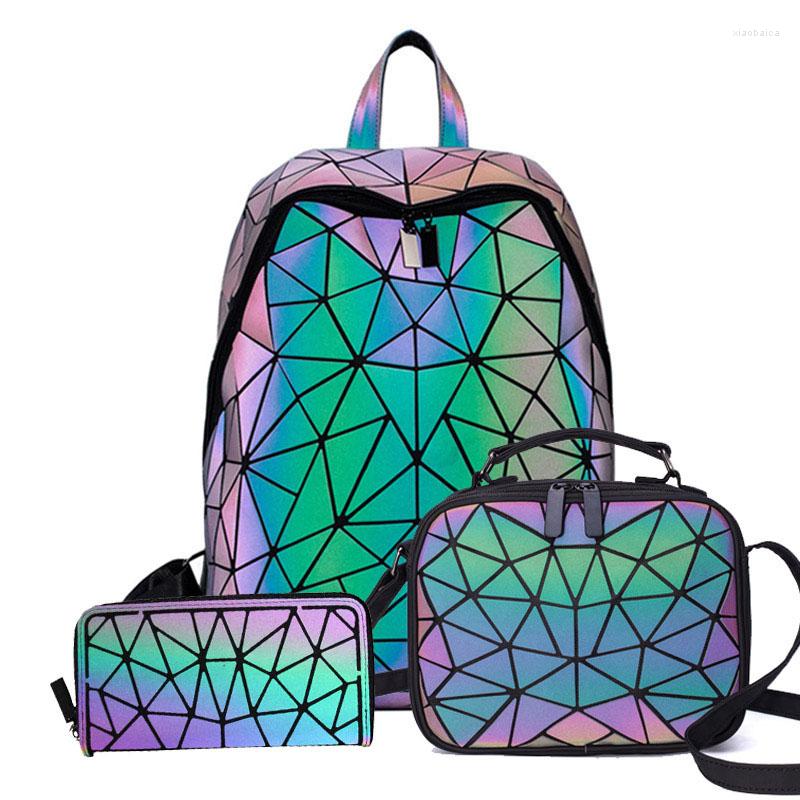 

School Bags Luminous Backpacks Women Geometric 14inch Laptop Backpack Shoulder Bao Bag Holographic Rucksack Female Trave