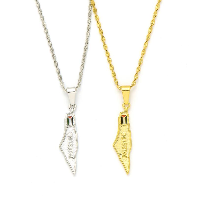 

Charms Palestine Vintage Map Pendant Necklace For Men Women Arabic Jamaica Copper Gold Color Chain Necklaces Amulet