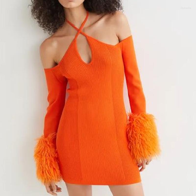 

Casual Dresses Doury Faux Fur Bodycon Dress Women Cut-out Long Sleeve Halter Lace-Up Knit Ribbed Pencil Mini 2023 Autumn Streetwear, Orange