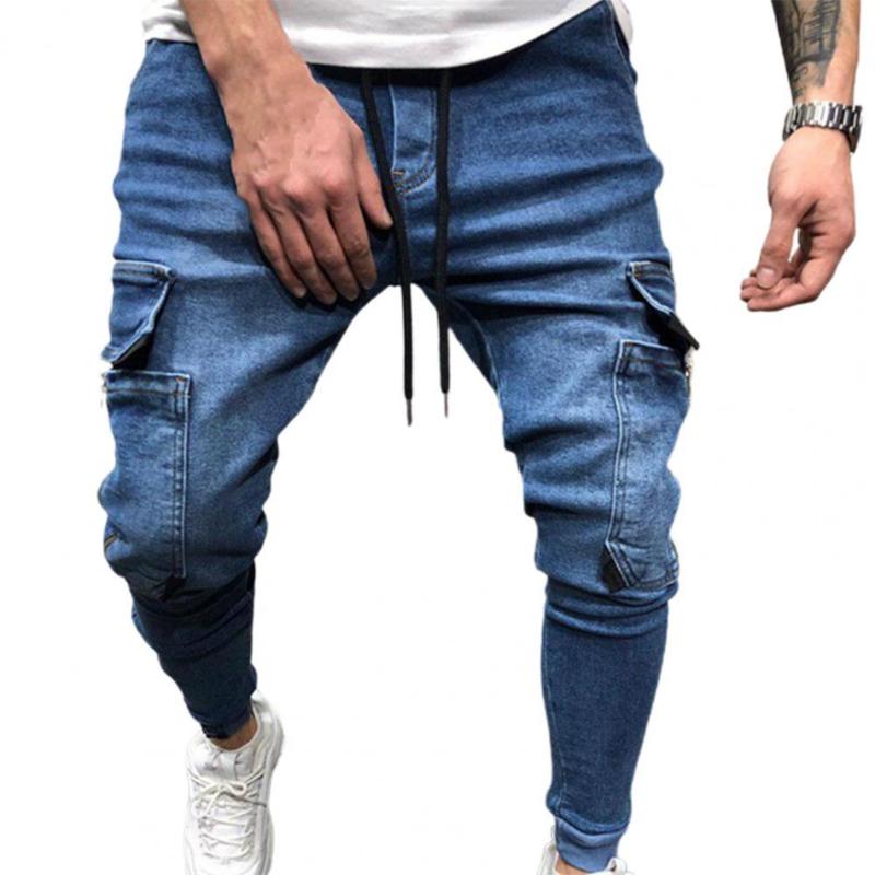 

Men's Jeans Men Drawstring Multi Pockets Ankle-banded Pencil Pants For StreetwearMen's, Blue