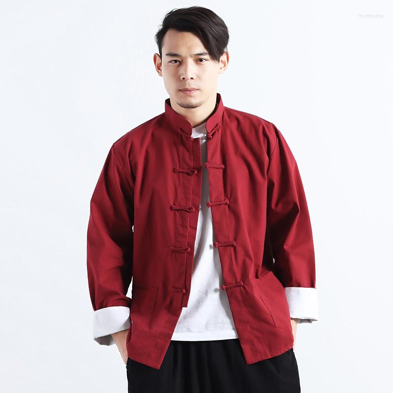 

Ethnic Clothing Traditional Chinese Men Shirt Long Sleeve Cotton Linen Stand Collar Tops Tang Suit Wushu Cardigans Tai Chi Uniform