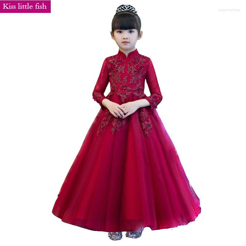

Girl Dresses Dark Red Long Sleeve Ankle-Length Girls Pageant Elegant Dress, As photo