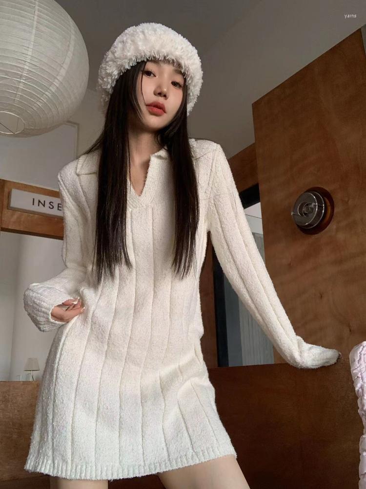 

Casual Dresses Korobov Y2k Gentle Sweater Dress Female Autumn Winter Thin Long Sleeved Knitwears Skirt Bottoming Fashion Vestidos Para Mujer, White