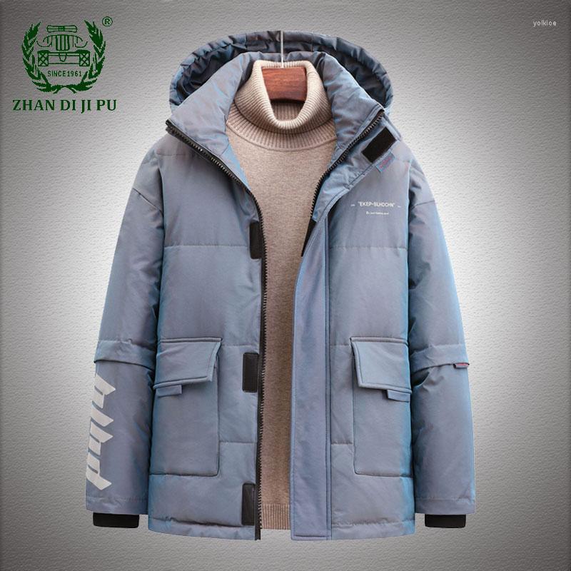 

Men's Down Winter Cargo Jacket Men Colorful Glossy Thicken Warm White Duck Coats Male Casual Stand Collar Hooded Slim Parkas Mens, Blue