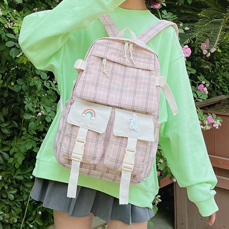 

School Bags Striped Women Backpack For Teenage Girls Nylon Bag Cute Female Large Capacity Bookbag Plaid Student Rucksack, Pink