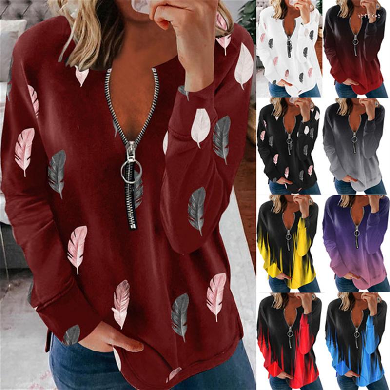 

Women' T Shirts 2023 Autumn Winter Fashion Tops Zipper V Neck Long Sleeve Women Shirt Gradient Print Feather Loose Casual Tees, Gray