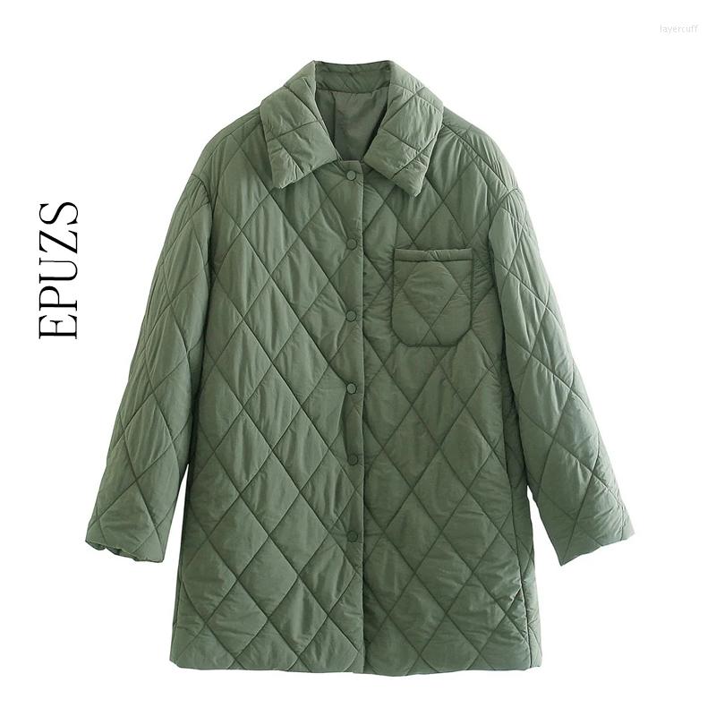 

Women' Trench Coats Winter Green Argyle Shirt Jacket Women Parka Casual Button Thick Light 2023 Female Long Sleeve Coat