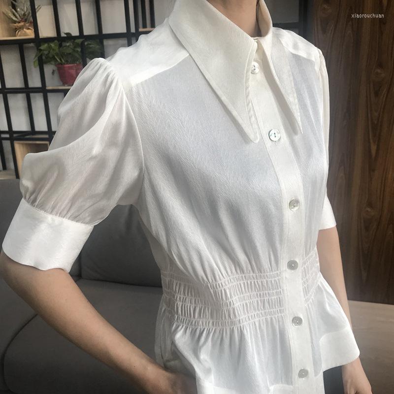 

Women's Blouses Birdsky 1PC Women Short Sleeve Shirts Blouse Top 93% Mulberry Silk 7% Spandex Herringbone Jacquard S-402, White