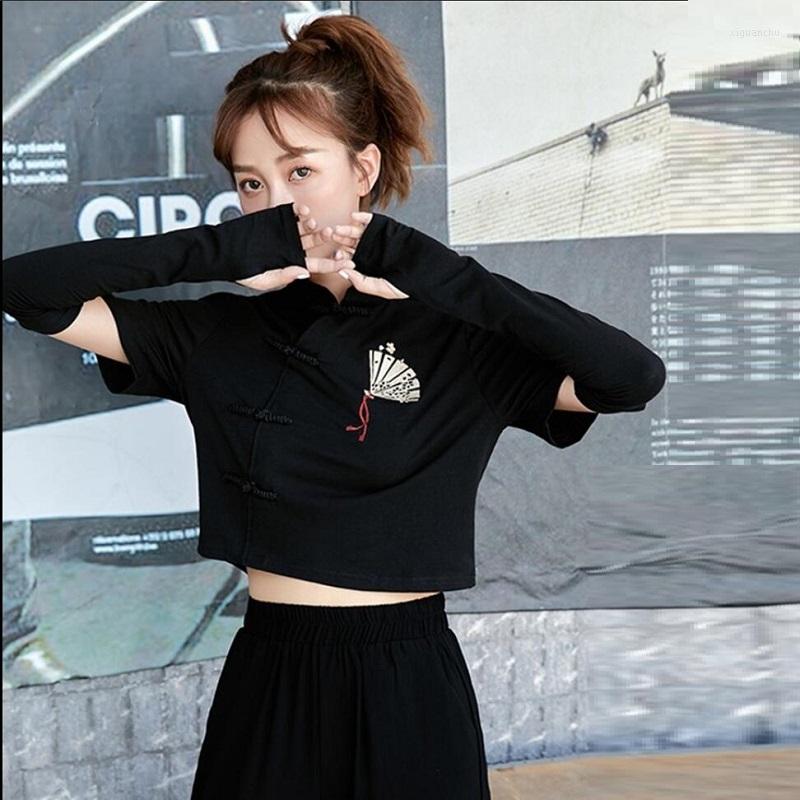 

Ethnic Clothing Chinese Style Top Fan Print Harujuku Black T-Shirt Women 2023 Asian Streetwear Blouse Bottons Cheongsam Crop Tops