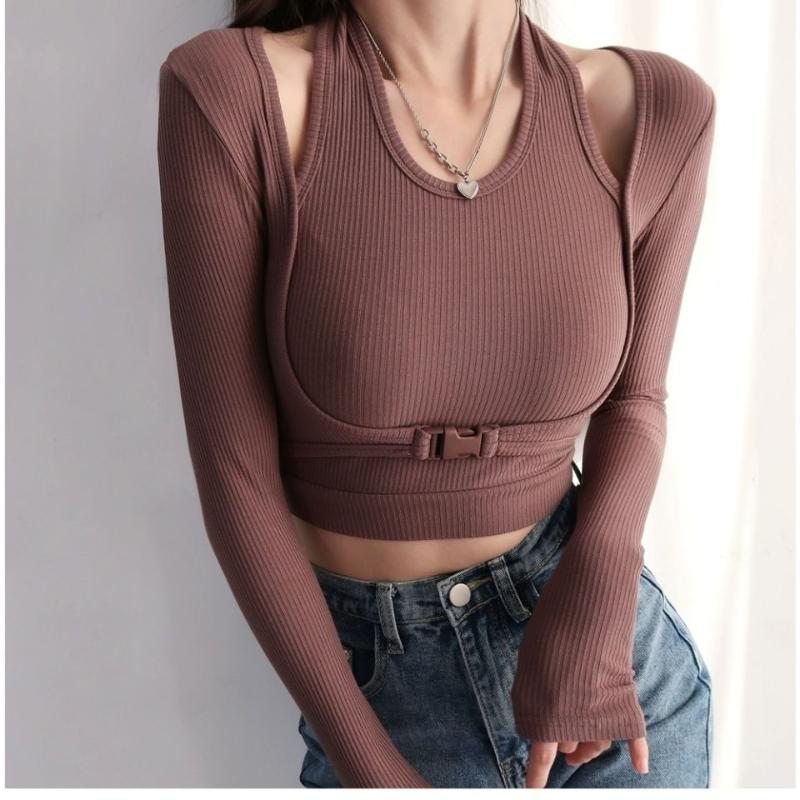 

Women' T Shirts Spring Autumn Woman Clothes Slim Crop Top U-Collar Short Knitted Tops Blusas Mujer De Moda 2023 Long Sleeve Basic, Black