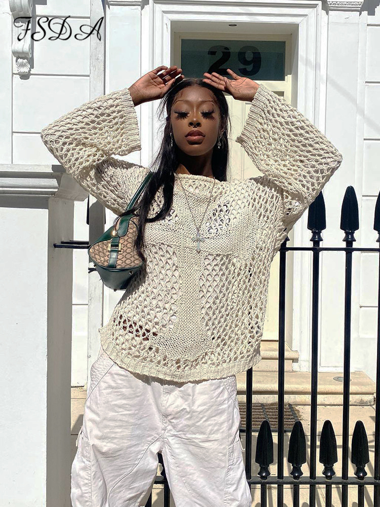 

Women's T-Shirt FSDA O Neck Hollow Out Long Sleeve T Shirts Oversized Summer See Through Black Y2K Vintage Sexy Tops Knitted Beach 90s 230203