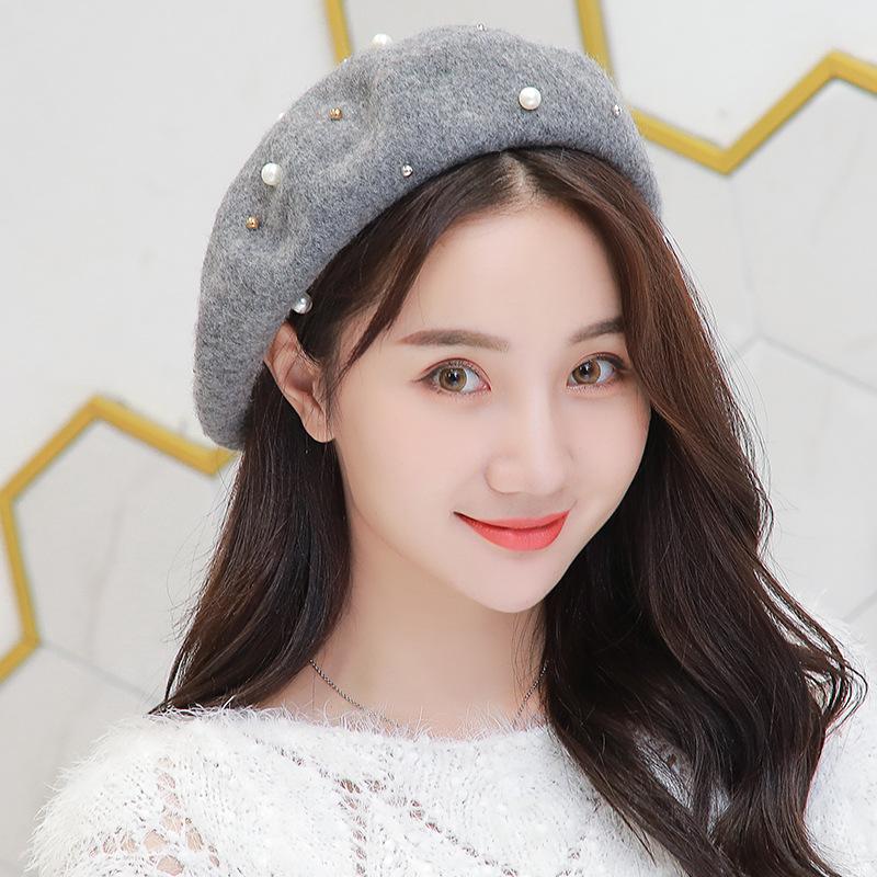 

Berets Fashion Women's Wool Pearl Hats Painter Beret Casual Autumn And Winter Warm Girls Caps Touca Beanie, Black