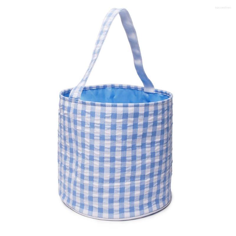 

Evening Bags 1PC Sample Gingham Bucket Holiday Plaid Tote Bag Seersucker Check Gift Egg Basket For Candy Gfits DOM112-1510, Aqua seersucker