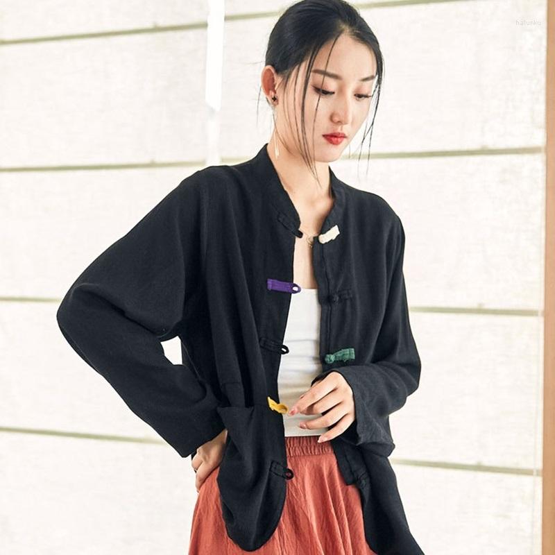 

Ethnic Clothing Cotton Linen Women Shirts Stand Long Sleeve Pockets Blouses 2023 Spring Button Solid Color Loose Tops