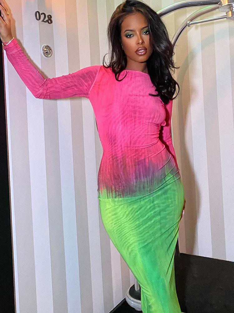 

Casual Dresses Fashion Tie Dye Print Women Long Sleeve Backless Midi Drss Bodycon Sexy Streetwear Y2K Outfits Party Club Evening Wholesale, Blue