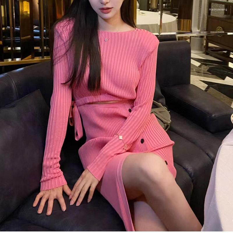

Casual Dresses Office Lady Hollow Out Waist Knit Dress Elegant Long Sleeve Side Button Slim Autumn 2023 Pink Vestidos For Women, Rose pink