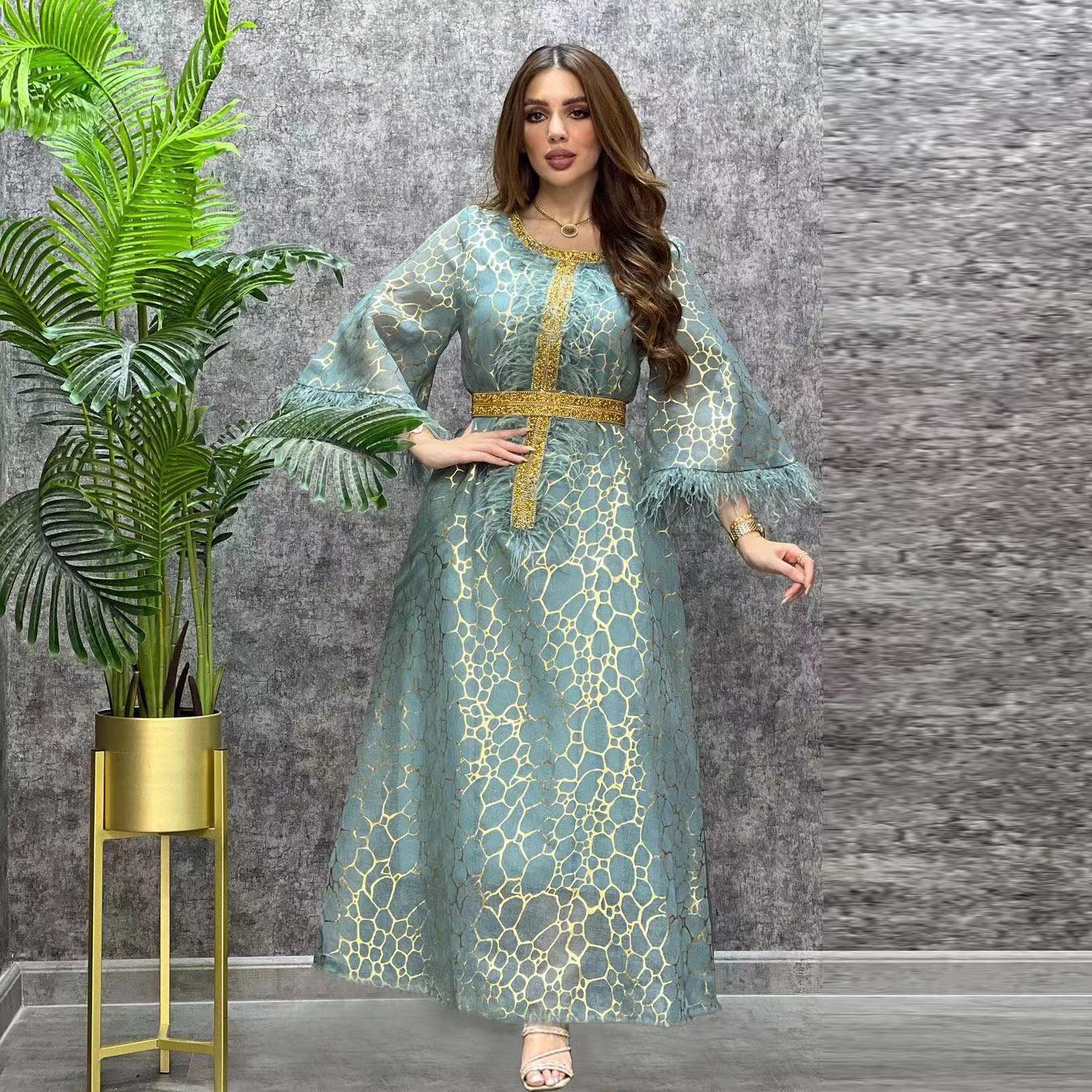 Robes de soirée musulmanes bleues 2023 plumes de cristal à paillettes manches longues appliques dentelle robes de bal en satin femmes élégantes R